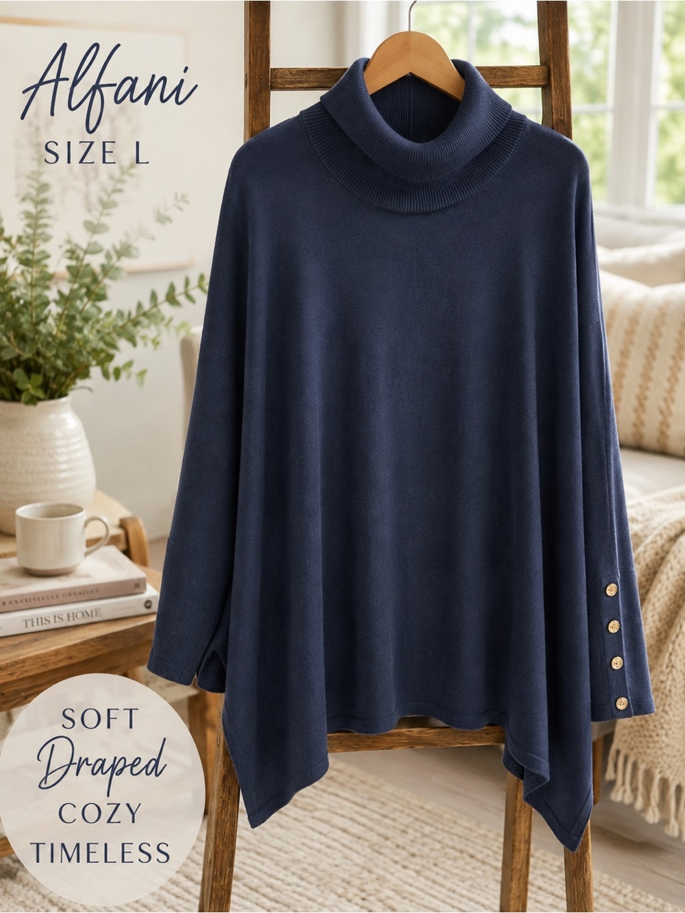 Alfani Navy Cowl Neck Poncho Sweater L Gold Button Draped Knit
